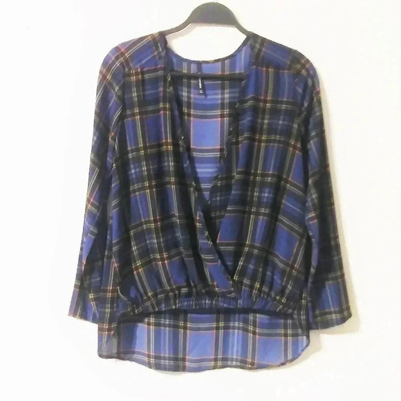 Peppermint Blue Plaid Hi Low Plunge Neckline Top - Picture 1 of 5